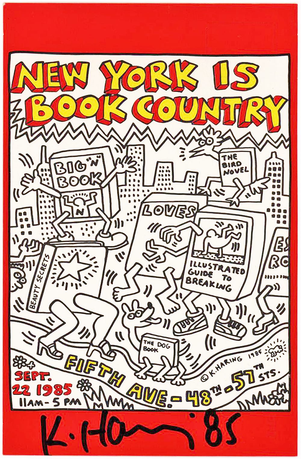 Keith Haring Signed Postcard Depicting his “New York is Book Country” Poster sold by Lion Heart Autographs, lot 80 — auction record photograph