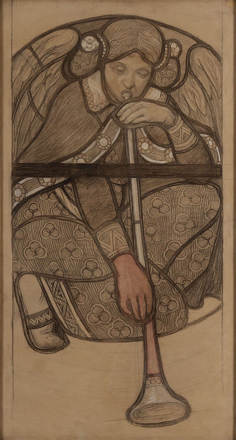 Stanislaw Wyspianski comparable auction result: stanislaw wyspianski 1869 1907 angel playing trumpet project for stained glass window 1899