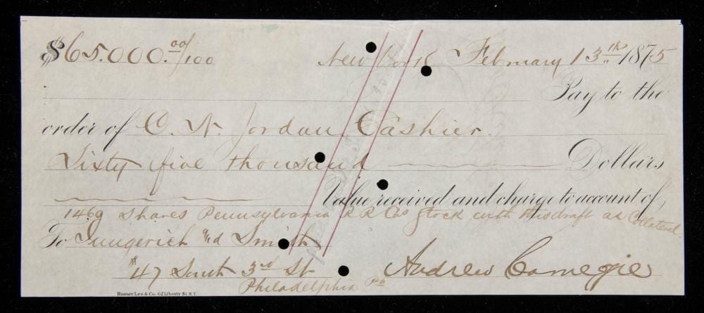 Andrew Carnegie comparable auction result: 1875 andrew carnegie signed check
