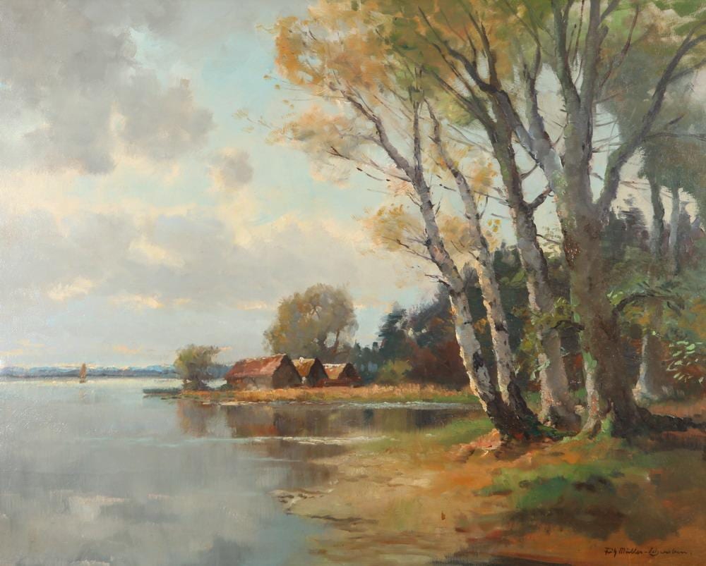 Fritz (1879) Müller comparable auction result: fritz m ller schwaben german 1879 1957 houses along the water signed lower right oil on canvas