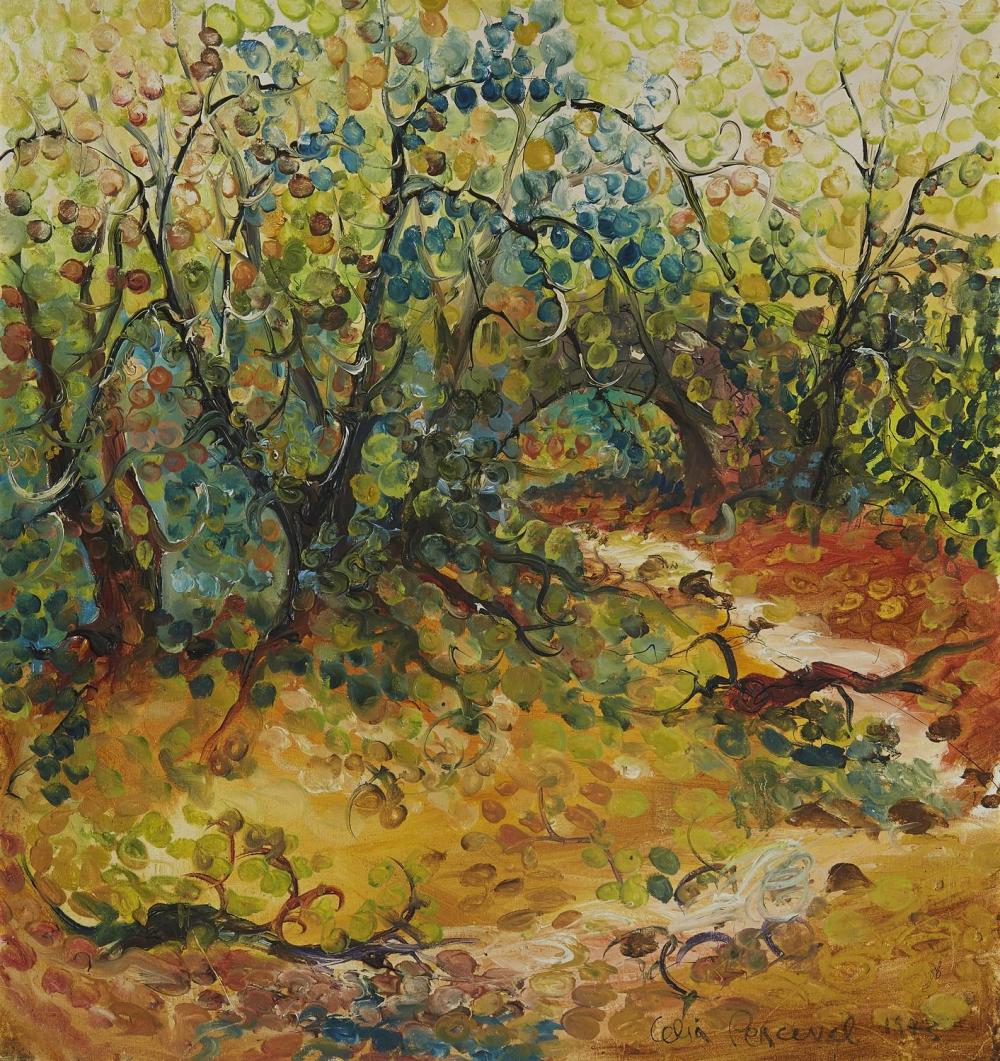 Close-up of a colorful oil painting showing a landscape with dense green foliage and a winding blue stream or path through autumn-toned trees.