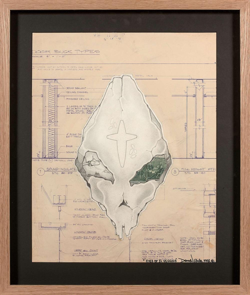 Dondi White comparable auction result: dondi white donald j white dit am ricain 1961 1998 eyes of il vecchio 1992 crayon feutre et collages sur diazographie blu