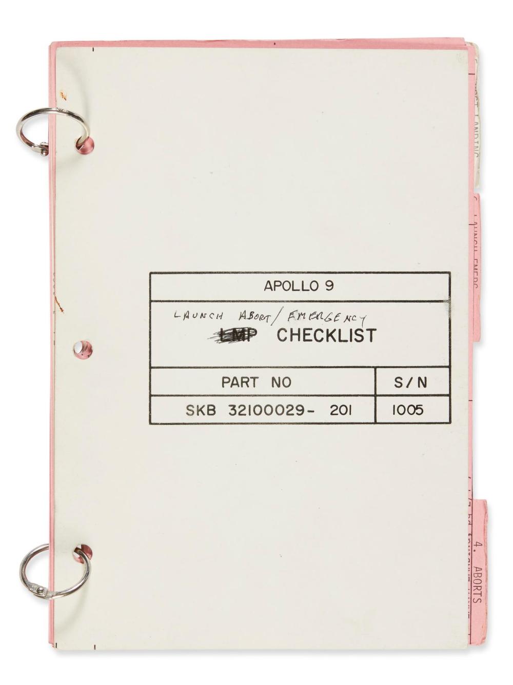 [APOLLO 9]. FLOWN LAUNCH ABORT CHECKLIST, CREW SIGNED sold by Sotheby's, lot 148 — auction record photograph