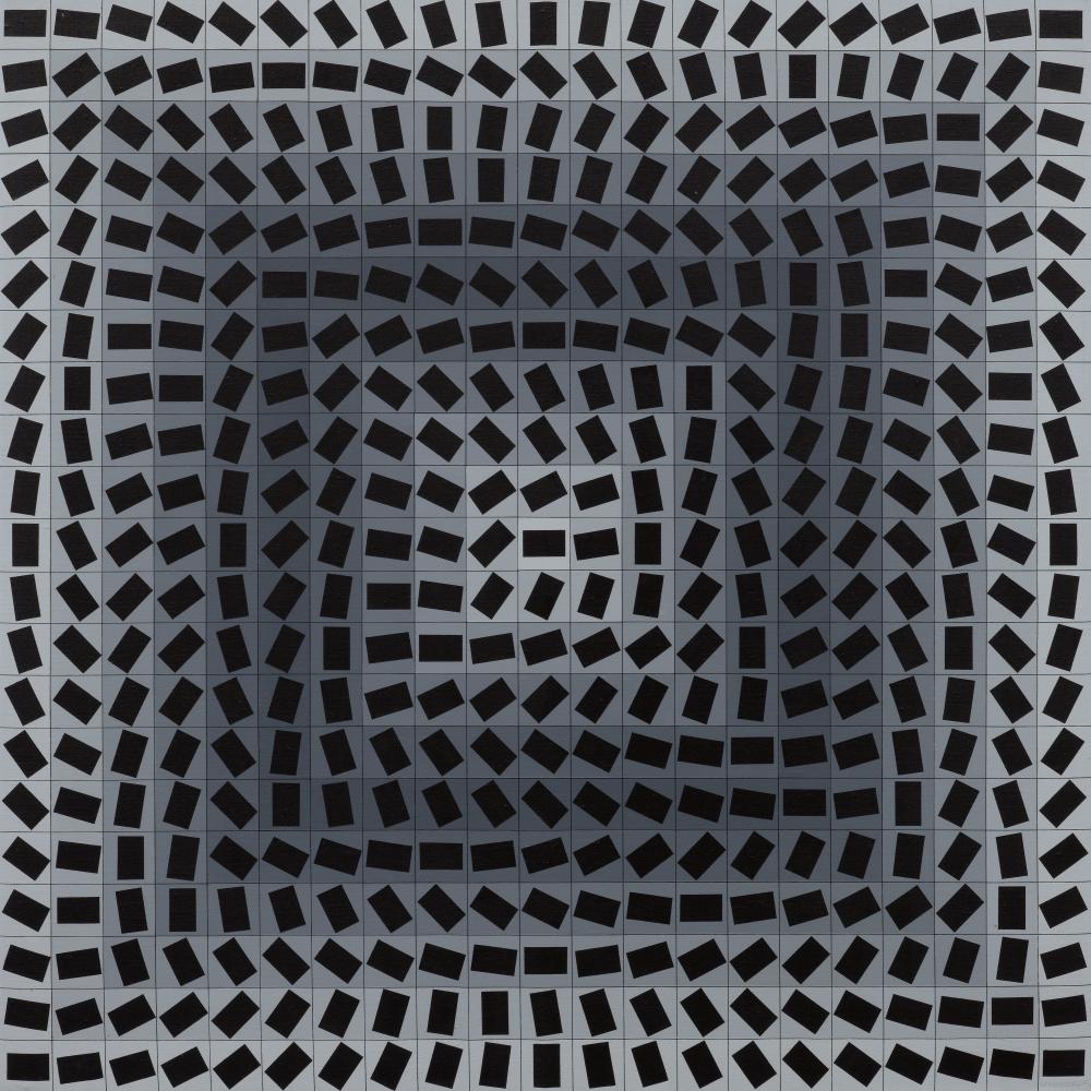Square abstract painting with rows of black rectangles tilted at varied angles on a pale gray grid
