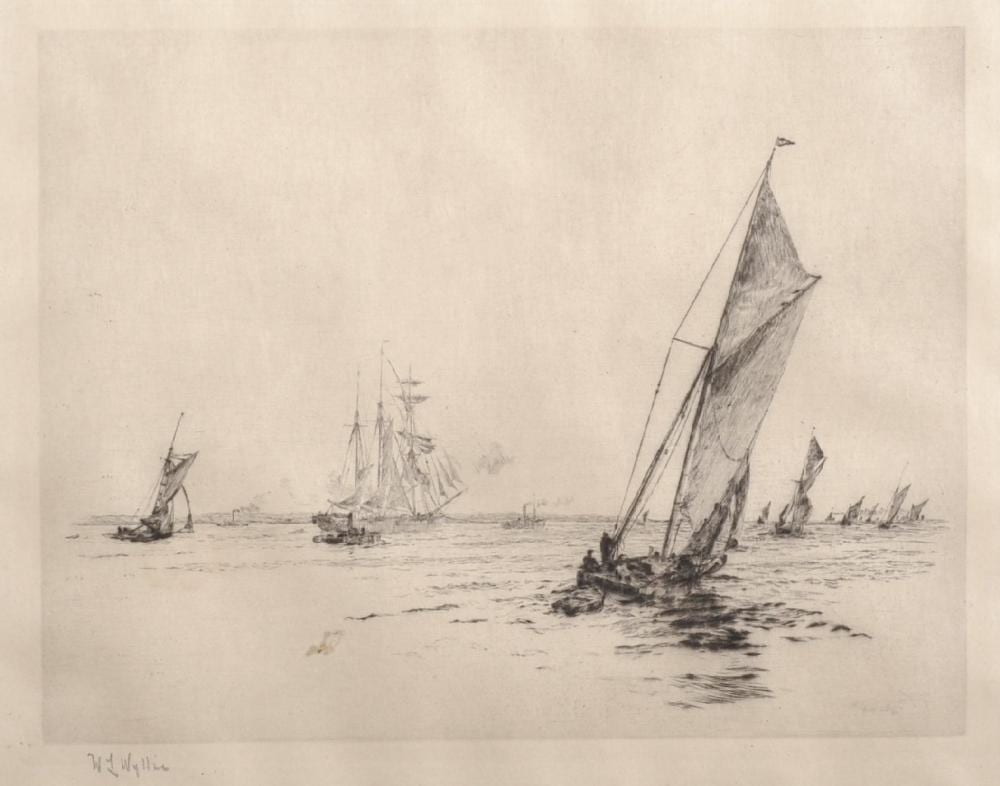 William Lionel Wyllie (1851-1931) British. "Fishing Boats on the Medway", Drypoint Etching, Artist's Proof, Signed in Pencil, and Inscribed on a label on reverse, 6.5" x 8.5". Provenance: Robert Dunthorne & Son, The Rembrandt Gallery, London. sold by John Nicholson's Fine Art Auctioneers & Valuers, lot 1 — auction record photograph
