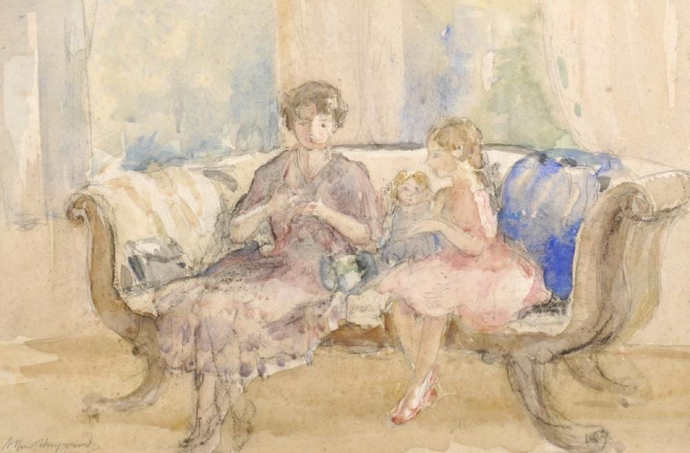 Alfred Robert Hayward comparable auction result: alfred robert hayward 1875 1971 british a mother sewing and child holding her doll seated on a sofa watercolour and pencil signed and dated 1951 9 25 x 13