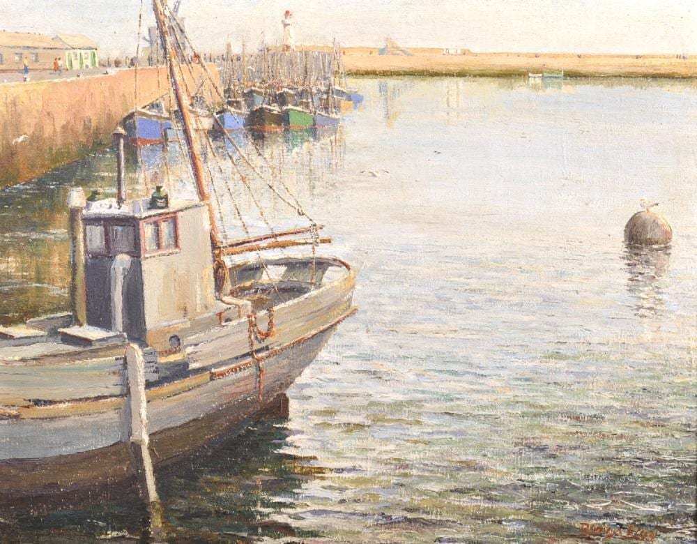 Denys Law comparable auction result: denys law 1907 1981 british a fishing trawler in a harbour with other boats moored along the harbour wall oil on canvas signed 16 x 20