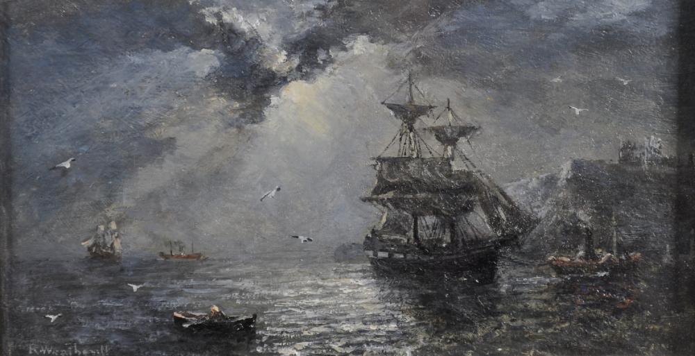 Richard Weatherill comparable auction result: richard weatherill 1844 1913 british a moonlit seascape with a two masted clipper off whitby oil on panel signed 5 x 8 75