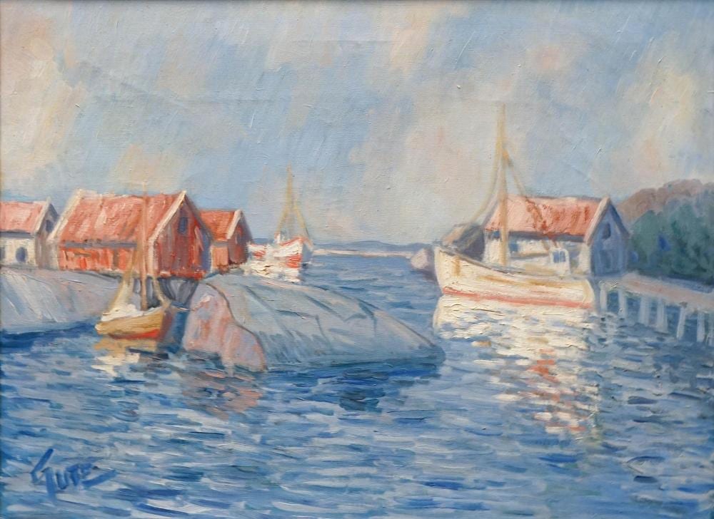 Herbert Jacob Gute comparable auction result: herbert jacob gute 1908 1977 moored boat tranquil harbour 45 x 60cm