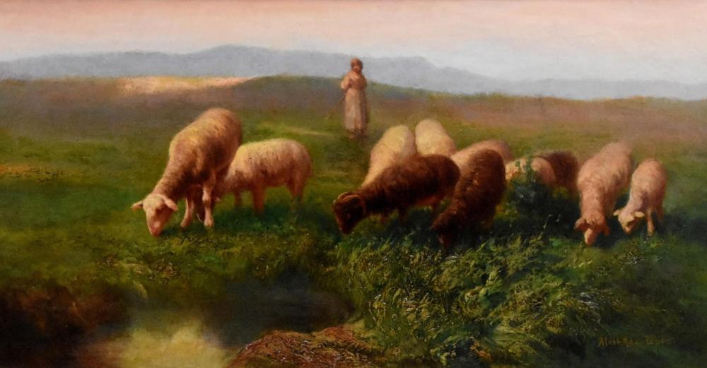 Sheep grazing in a green pasture with a small figure standing in the distance, rendered as an oil painting.