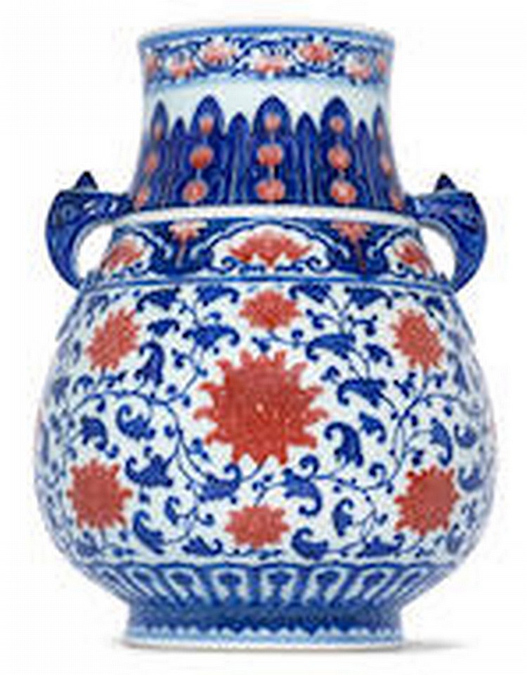 An exceptionally rare Imperial Ming-style underglaze-blue and copper-red vase, jiu'er zun Qianlong seal mark and of the period comparable sale
