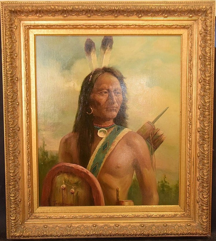 American Indian Portrait by Troy Denton (American, B. 1949) oil on canvas, signed in the lower right; canvas 20 wide x 24 tall- inches sold by Bill Hood & Sons Arts & Antiques Auctions, lot 383 — auction record photograph