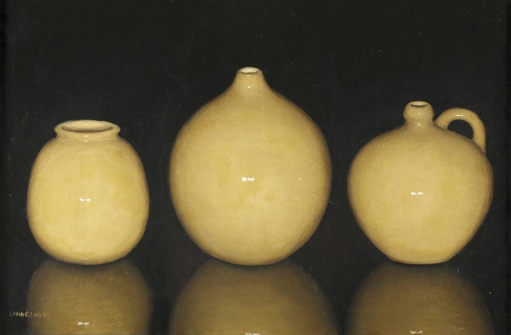 Carlos Laharrague comparable auction result: carlos laharrague madrid 1936 bodeg n de cer mica amarilla oleo sobre lienzo de 53 x 80 cm firmado