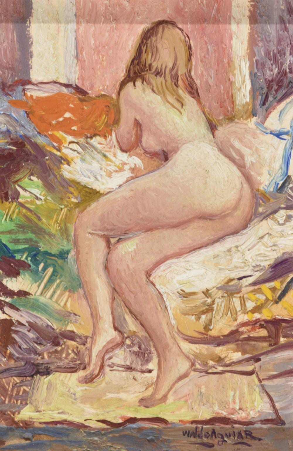 Waldo Aguiar y Carmona comparable auction result: waldo aguiar y carmona madrid 1930 2000 mujer desnuda recostada leo sobre tabla de 15 x 9 5 cm firmado al dorso firmado y fechado