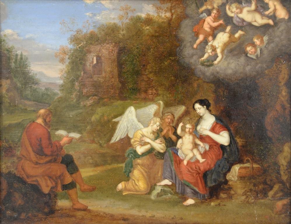 Daniel Vertangen comparable auction result: daniel vertangen 1598 1684 oil on oak panel family in landscape flight into egypt signed lower left d vertangen old lab
