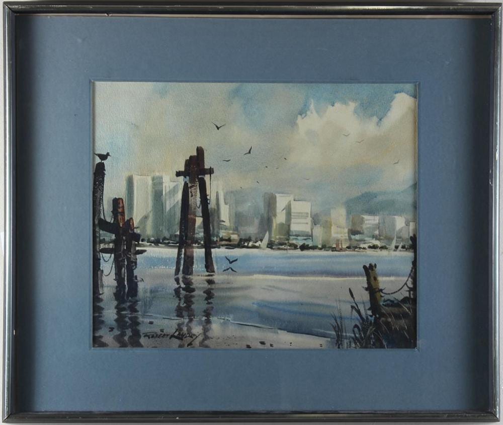 Robert Landry comparable auction result: robert landry 1921 1991 ca dc harbor scene watercolor on paper of a calm harbor across the bay from a large city signed by t