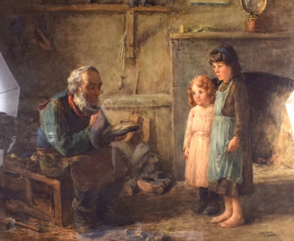 James Riddel comparable auction result: james riddel 1857 1928 scottish framed watercolour signed a male repairing a shoe beside children in an interior the cobbler 62 cm x 73 cm