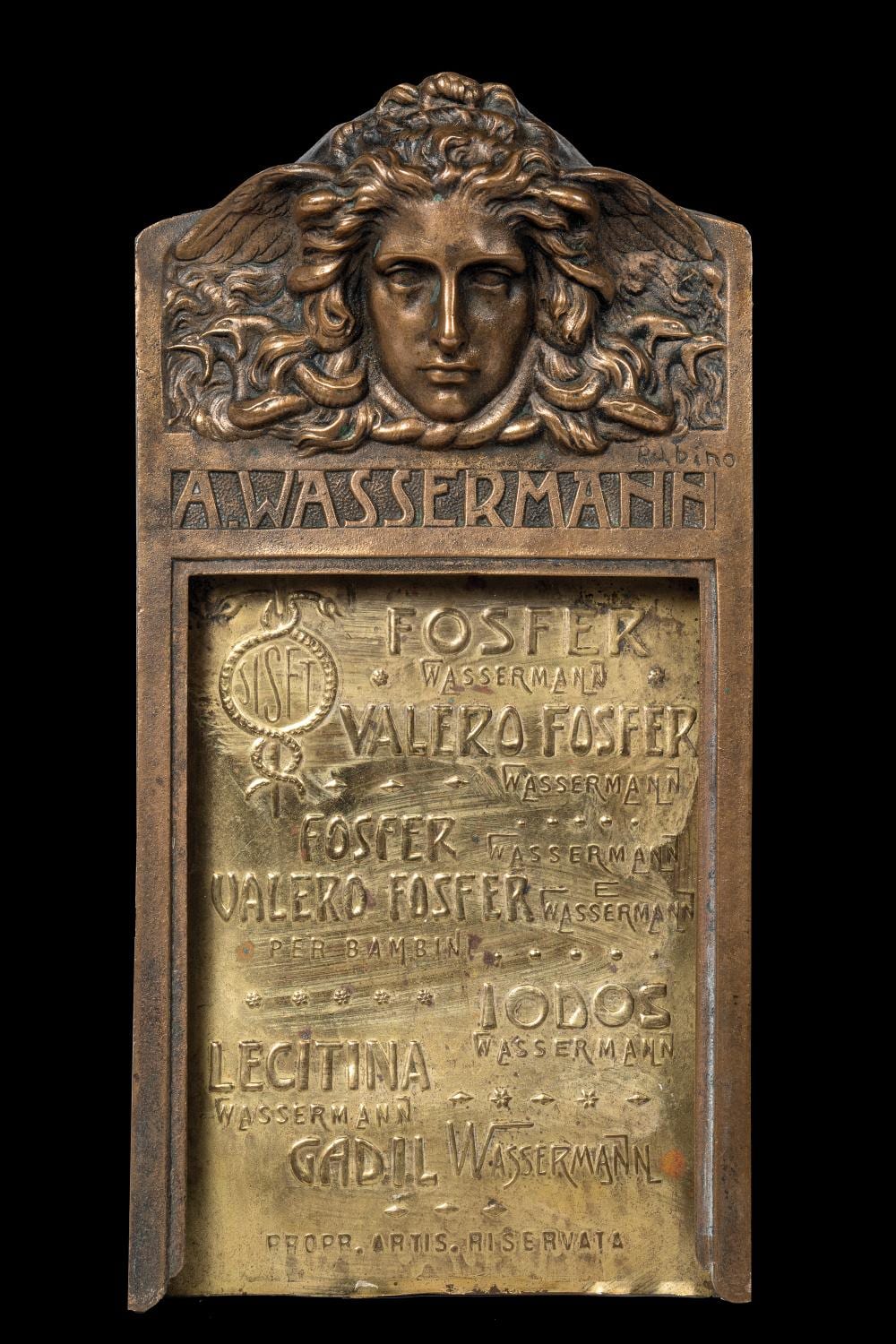 Edoardo Rubino comparable auction result: edoardo rubino portaricette pubblicitario liberty con testa di medusa della ditta august von wassermann 1900 ca