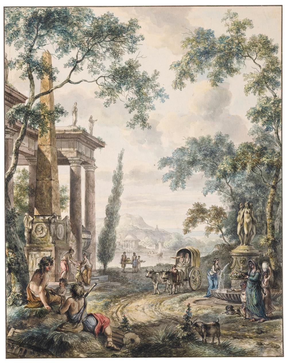 Jurriaan Andriessen comparable auction result: jurriaan andriessen a classical landscape with figures by a temple with an obelisk by a portico and a fountain with figures a lake and mountains beyond
