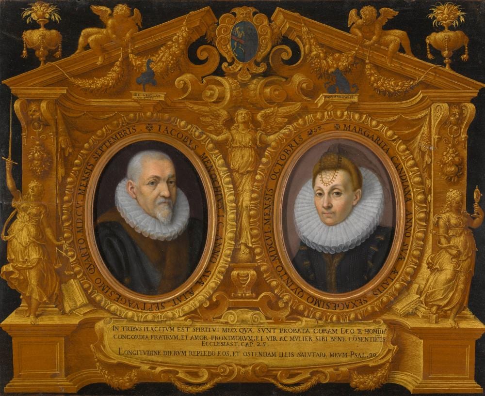 fede galizia nunzio galizia double portrait of jacopo menochio and margherita candiani in a trompe l oeil frame decorated with allegories of justice and prudence · Sotheby's · 2019-01-30 Fede Galizia comparable auction result: fede galizia nunzio galizia double portrait of jacopo menochio and margherita candiani in a trompe l oeil frame decorated with allegories of justice and prudence