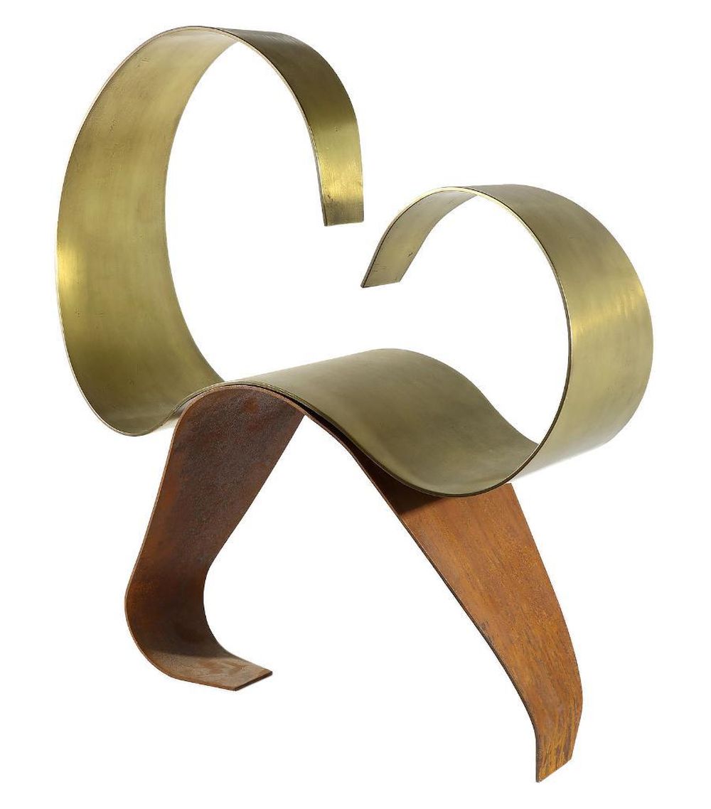 Abstract bronze-toned metal sculpture with two curved C-shapes and a darker wood-like base, shown against a white background.