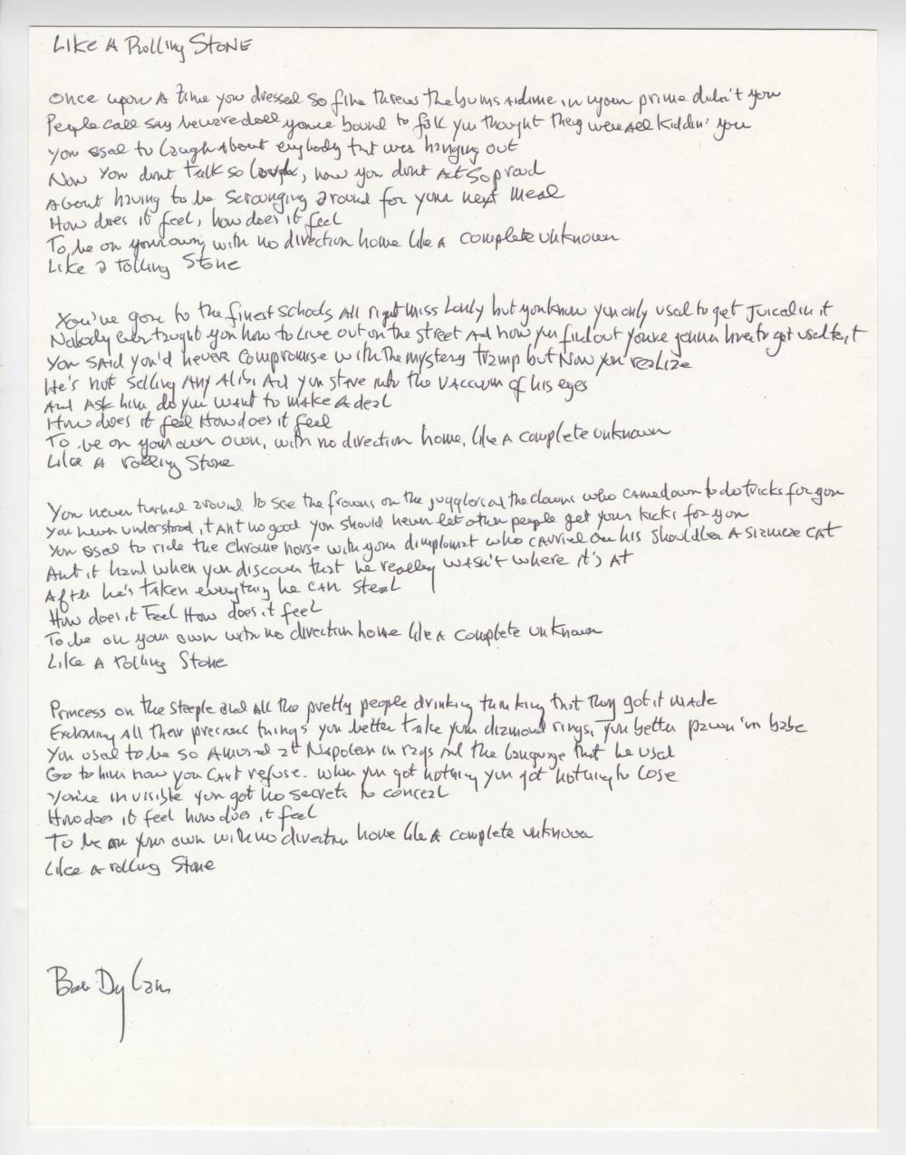 Bob Dylan "Like A Rolling Stone" Handwritten Signed Lyrics, Voted #1 Song of All Time by Rolling Stone Magazine! sold by University Archives, lot 66 — auction record photograph