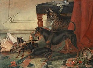Richard Whitford comparable auction result: richard whitford british circa 1821 1890 cat and manchester terrier dogs playing with a slipper