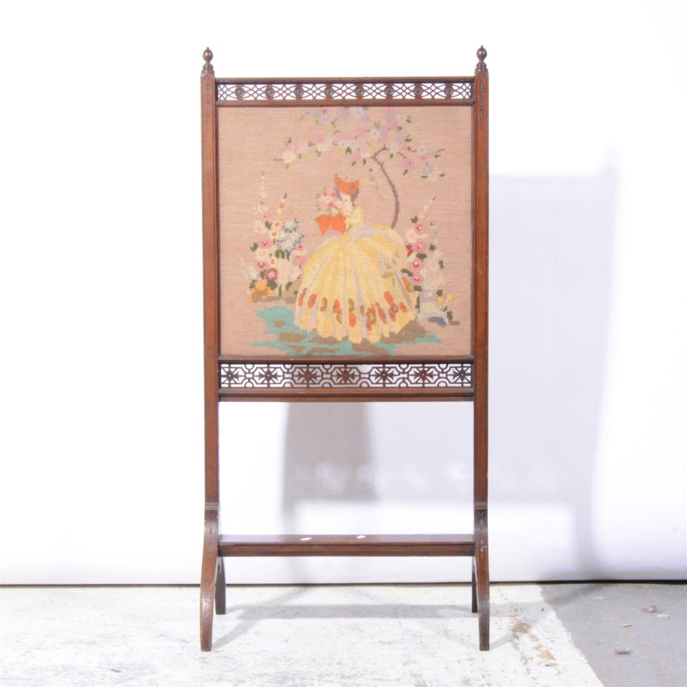 Frans Deutmann comparable auction result: edwardian mahogany fire screen rectangular needlework panel flanked by fr