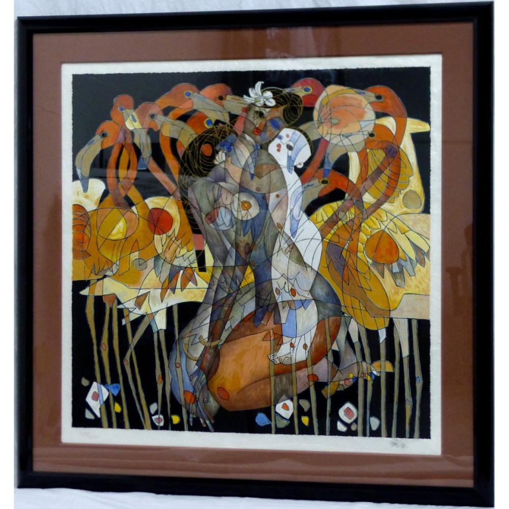 Framed colorful abstract serigraph print showing clustered figures and stylized birds over dark vertical stripes.