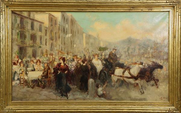 Giuseppe Cocco comparable auction result: giuseppe alberto cocco italian 1879 1963 cafe and street scene with figures and horses oil on canvas signed lower right overa