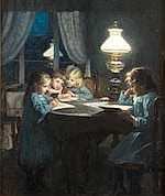 Knud Erik (1865) Larsen comparable auction result: knud erik larsen danish 1865 1922 children reading by lamp light