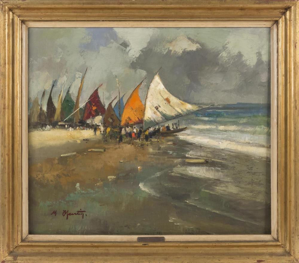 Marcel Martin comparable auction result: marcel martin french fl circa 1937 sailboats on the beach oil on canvas 26 x 30 framed 31 x 36