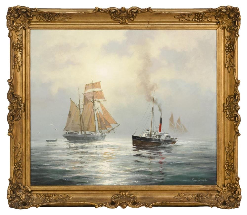 Roger Desoutter comparable auction result: roger desoutter england b 1923 negotiating for a tow oil on board 20 x 24 framed 25 x 30