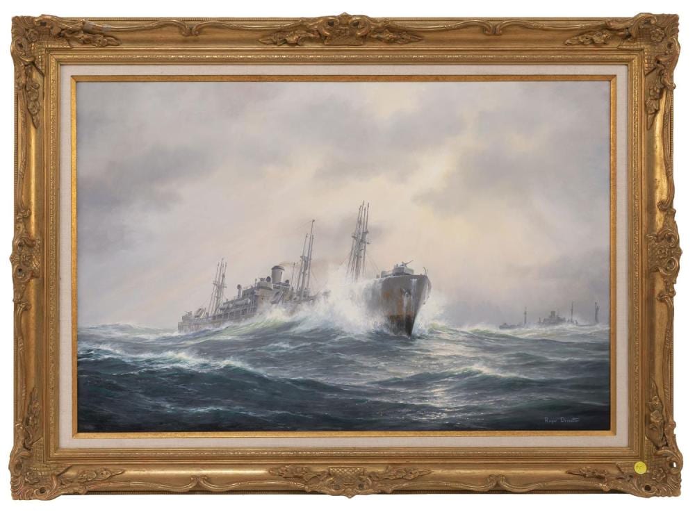 Roger Desoutter comparable auction result: roger desoutter england b 1923 a ship in heavy seas oil on canvas 22 x 34 framed 28 x 40