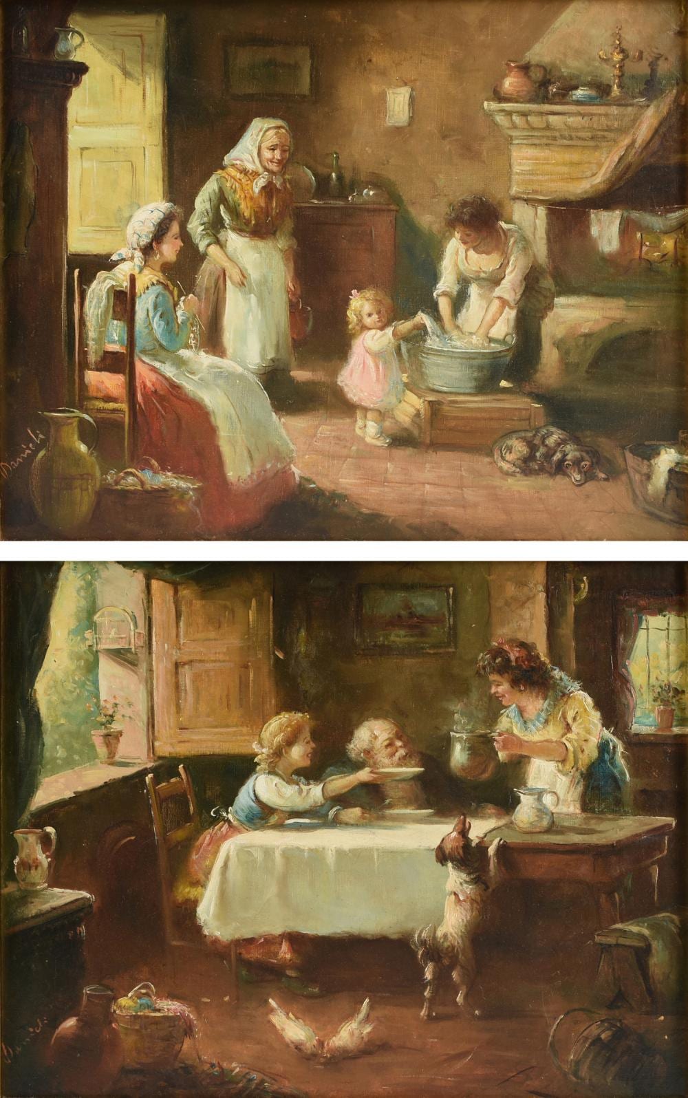 Giuseppe Danieli comparable auction result: giuseppe danieli italian 1865 1931 a pair of paintings laundry washing near hearth and interior kitchen scene of a happy breakfast