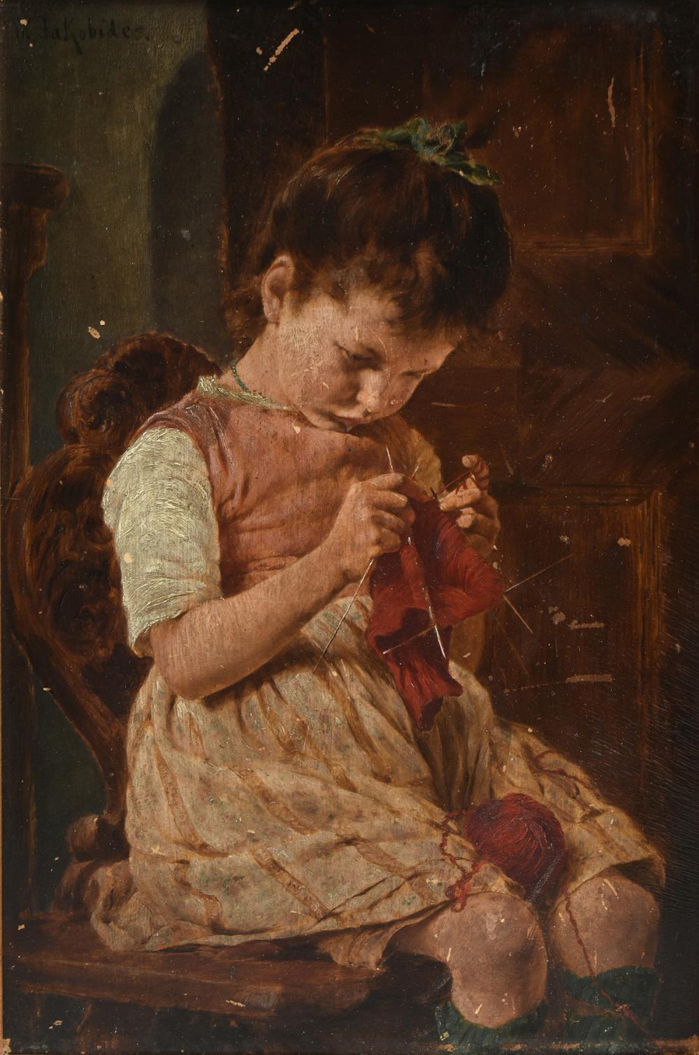 Georgios Iakovidis comparable auction result: georg jakobides greece 1853 1932 a painting little girl knitting