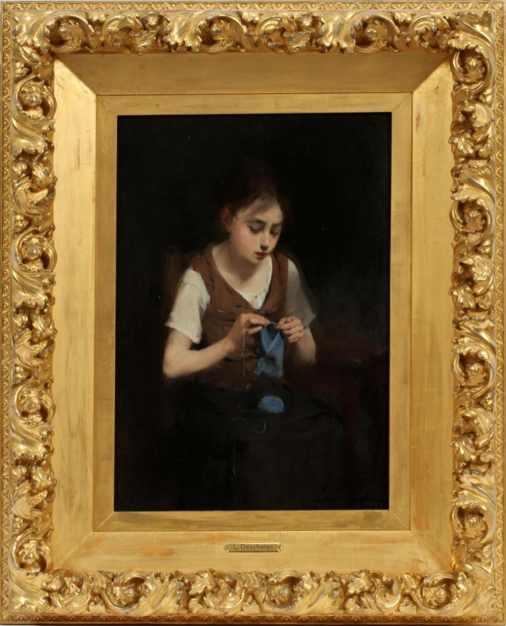 Louis-Henri Deschamps comparable auction result: louis deschamps oil on canvas girl knitting