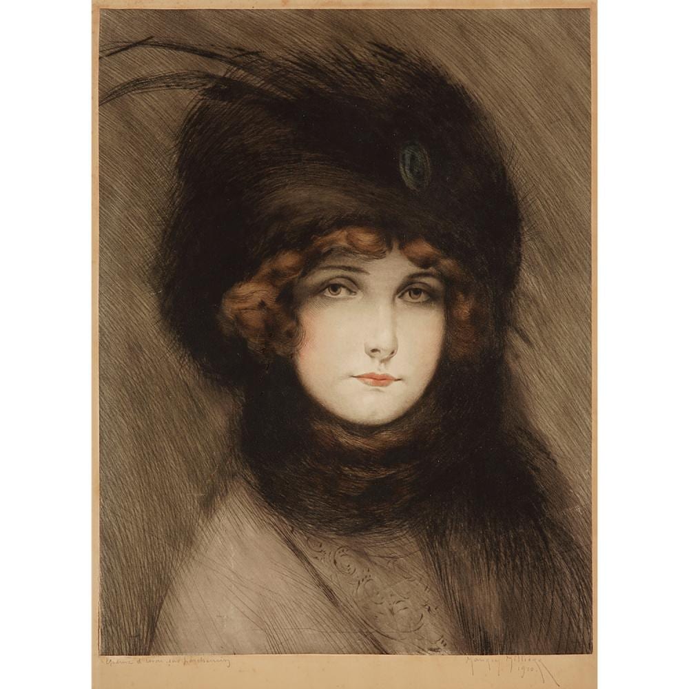 maurice milli re 1871 1946 l gante de face toque de fourrure l aigrette vers 1910 pointe s che en couleurs sur parchemi · Tajan · 2019-02-14 Maurice Millière comparable auction result: maurice milli re 1871 1946 l gante de face toque de fourrure l aigrette vers 1910 pointe s che en couleurs sur parchemi