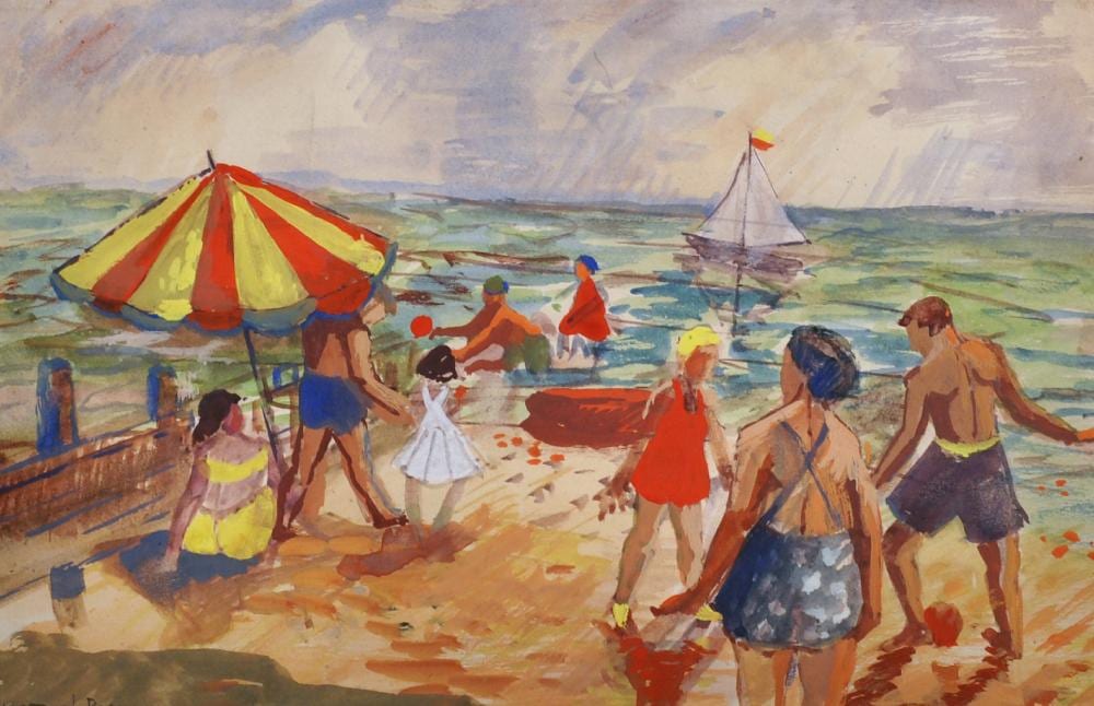 Leonard Rosoman comparable auction result: leonard rosoman 1913 2012 british a beach scene with figures by an umbrella watercolour signed 8 75 x 13 25