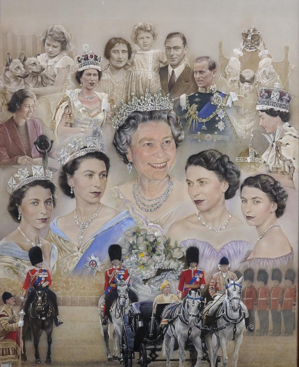 Stephen Doig comparable auction result: stephen doig 1964 british her majesty the queen golden jubilee a montage pastel 25 5 x 21 25