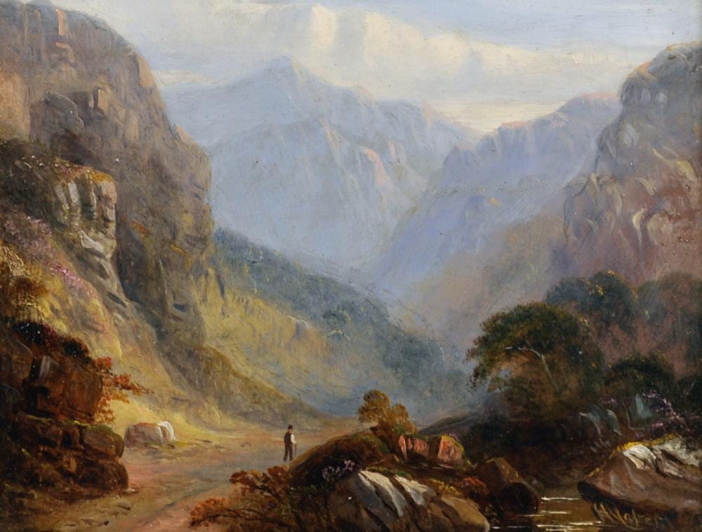 Henry Valter comparable auction result: henry valter act 1854 1898 british a mountainous river landscape with a figure in the foreground oil on board signed 7 x 9