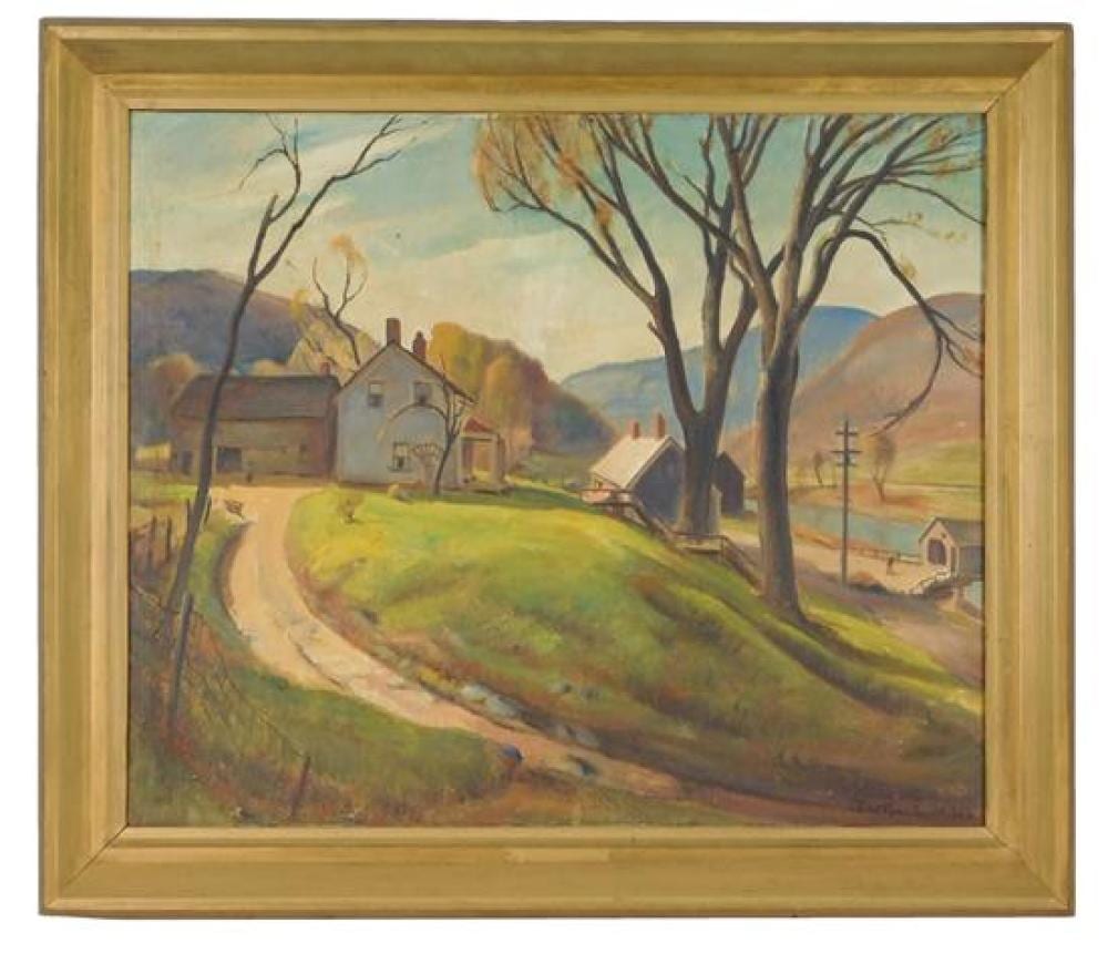 albertus e jones american 1882 1957 spring oil on canvas signed lr depicts rural scene with pathway leading to home and bar · Winter Associates, Inc. · 2019-02-25 Albertus E. Jones comparable auction result: albertus e jones american 1882 1957 spring oil on canvas signed lr depicts rural scene with pathway leading to home and bar