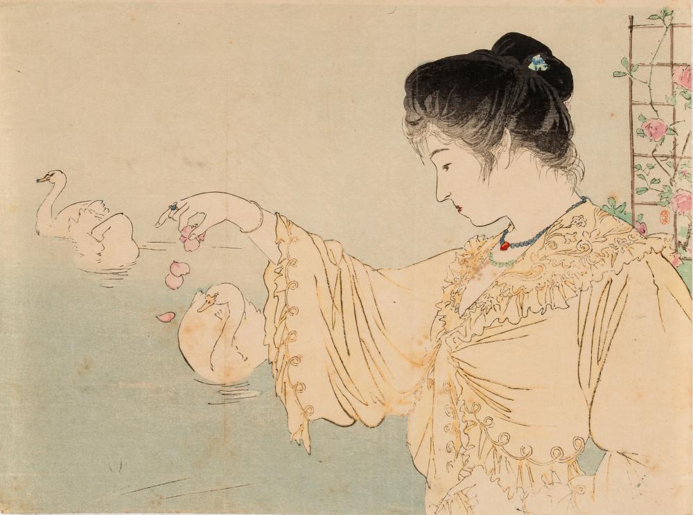 Kiyokata Kaburagi comparable auction result: kaburagi kiyokata 1878 1973 woman by a lake with swans c 1900