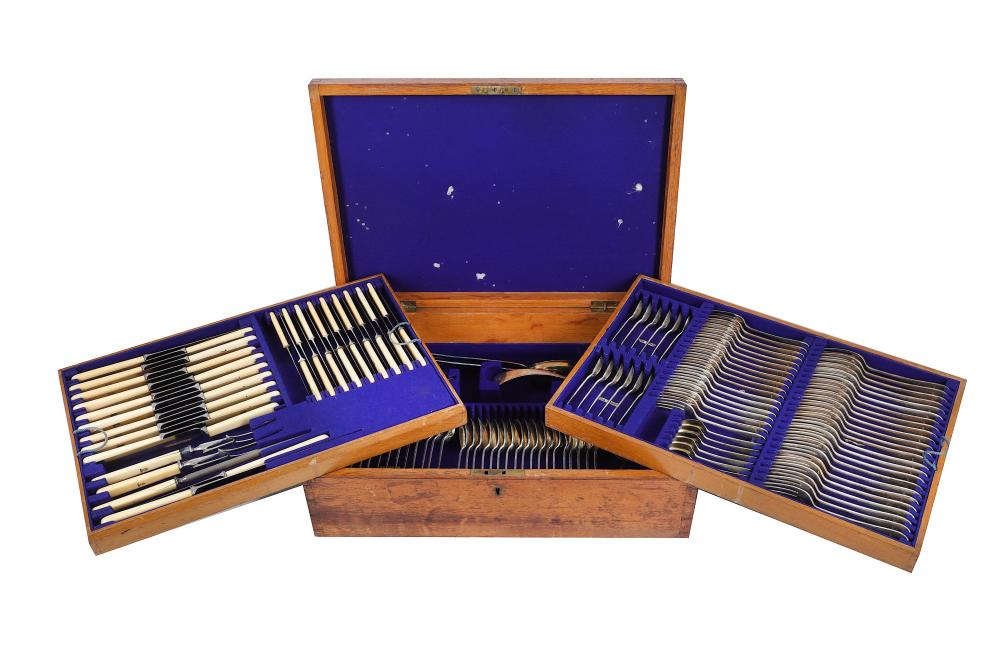 Old English pattern - a late Victorian silver plated table service of flatware / canteen, circa 1890 sold by Chiswick Auctions, lot 28 — auction record photograph