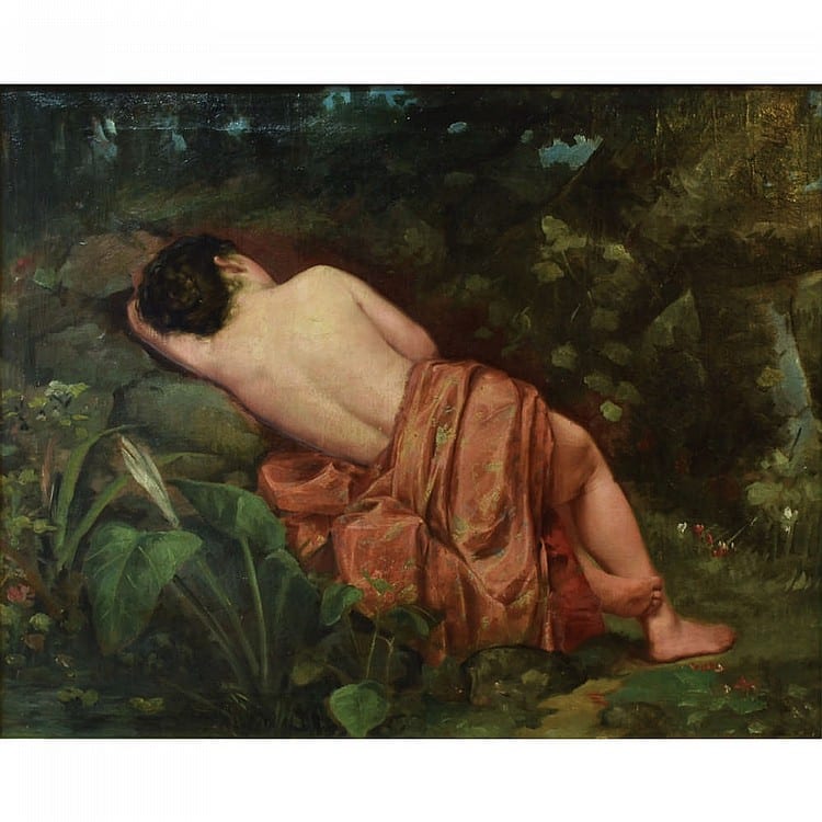 Félix Resurrección Hidalgo (1855 - 1913) Draped Nude, Reclining in a Forest Landscape comparable sale