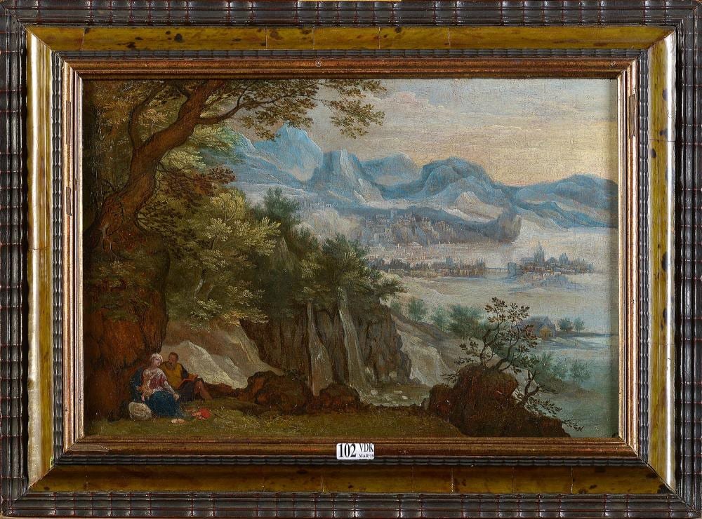 huile sur toile maroufl e sur toile le repos pendant la fuite en egypte entourage de joos de momper ecole flamande epoque xvi me dim 26x37cm · Vanderkindere · 2019-03-19 Josse de Momper comparable auction result: huile sur toile maroufl e sur toile le repos pendant la fuite en egypte entourage de joos de momper ecole flamande epoque xvi me dim 26x37cm