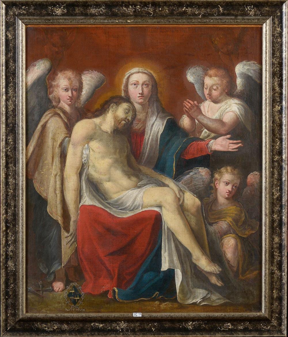 Charles Mellin comparable auction result: huile sur toile maroufl e sur toile piet portant en bas vers la gauche un cu dans une cordeli re et dat 1614 entourage de charles mellin ecole fran aise dim 87x72cm