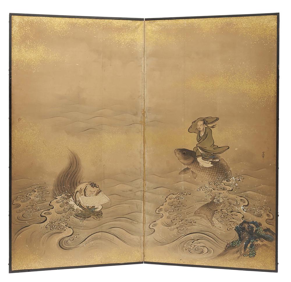 Two panel byobu screen with a Kanō-school tinted monochrome painting on spr sold by Boisgirard-Antonini, lot 143 — auction record photograph