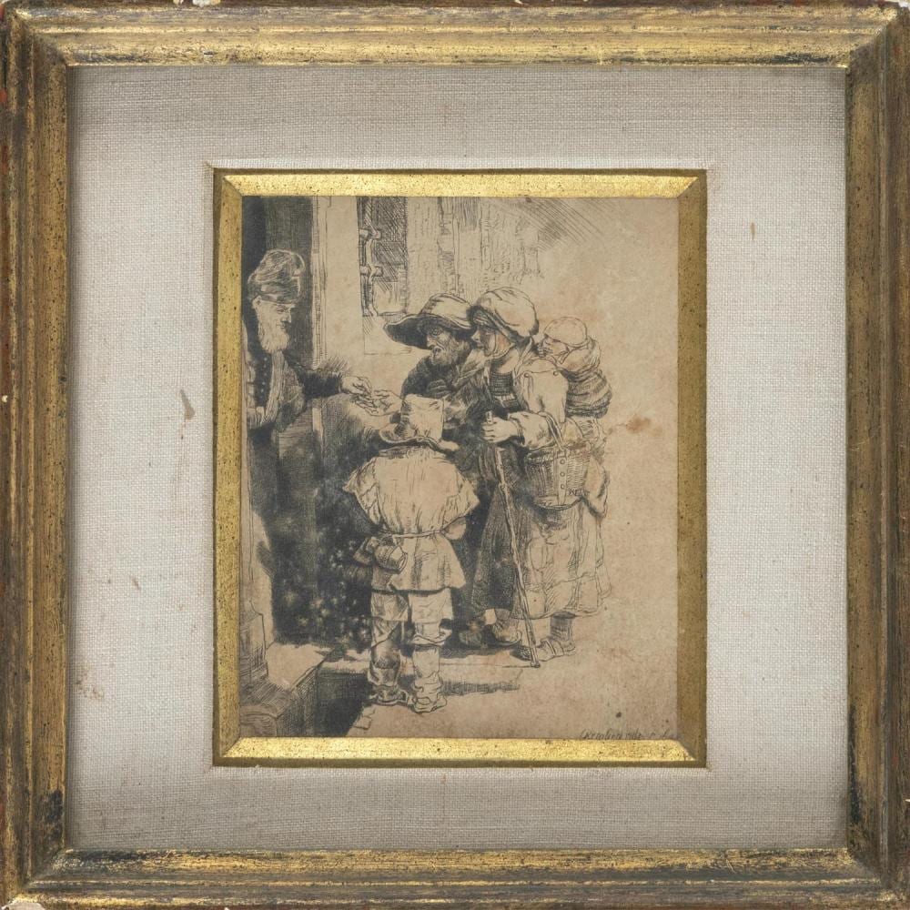 REMBRANDT VAN RIJN, Holland, 1606-1669, "Beggars Receiving Alms at the Door of a House, 1648"., Etching and drypoint, 6.25" x 4.25".... sold by Eldred's, lot 506 — auction record photograph