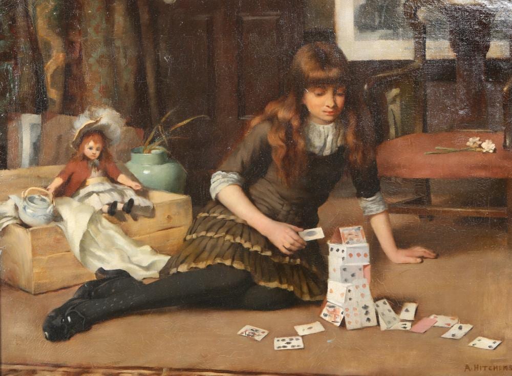 Alfred Hitchens comparable auction result: alfred hitchens born 1861 house of cards signed lower right oil on can